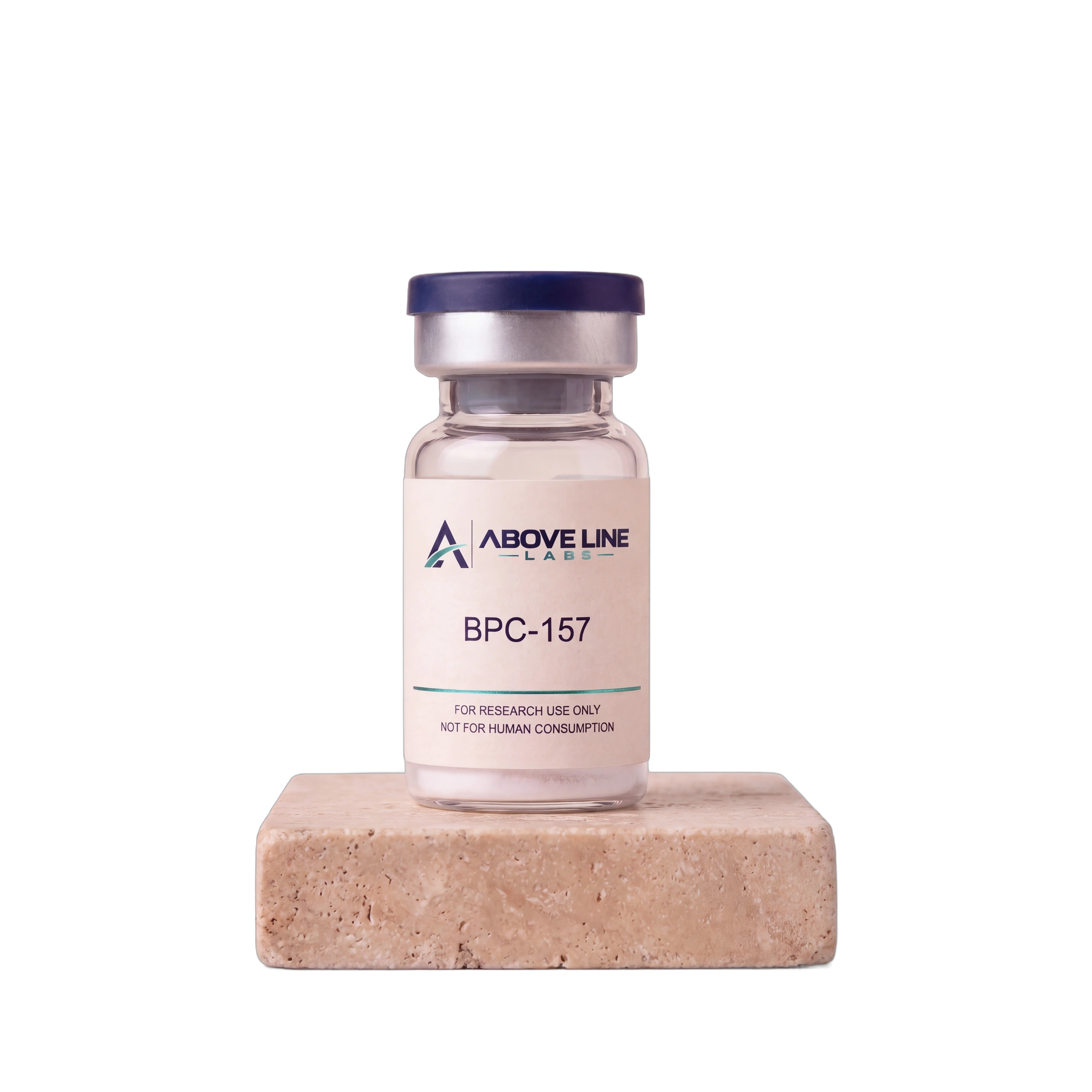 An Above Line Labs research vial on a honed stone plinth